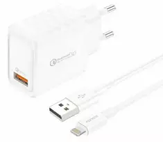 Foneng EU54 USB-A, 3A maitinimo įkroviklis (baltas) + USB-A iki Lightning kabelis
