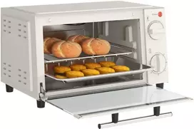 Gruzdintuvė HOMCOM mini orkaitė 9L Mini orkaitė su kepimo skardomis, grilio lentyna, 100 °C-230 °C, reguliuojama temperatūra ir kepimo laikas, 60 min. laikmatis, 750 W, nerūdijantis plienas, kreminės baltos spalvos