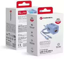 Telefono įkroviklis Forcell F-Energy GaN III Crystal Color USB C + USB A QC4.0 PD 33W + silikoninis laidas USB C į USB C VT-41 mėlynas
