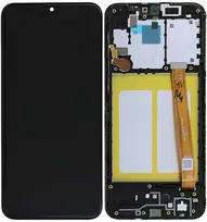 Ekranas Samsung A202 A20e su lietimui jautriu stikliuku ir rėmeliu originalus Juodas (service pack)