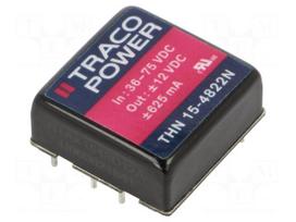 Converter: DC/DC | 15W | Uin: 36÷75V | Uout: 12VDC | Uout2: -12VDC | 1"x1"
