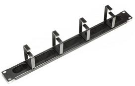 1U kabelių organizatorius su dulkių šepetėliu 19″ komutacinei spintelei, su 4 metaliniais žiedais
