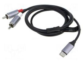 Cable | RCA plug x2,USB C plug | nickel plated | 1m | black | Cu