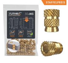 Ruthex - įlydomos žalvarinės srieginės įvorės M5x9.5 50vnt įpakavime, puikiai tinka naudoti įvairiuose gaminiuose iš termoplastikų