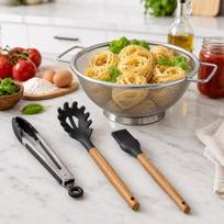 Makaronų gaminimo rinkinys: kiaurasamtis + šaukštas makaronams + teptukas makaronams + žnyplės