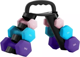 Aosom 6 dalių hantelių rinkinys su laikymo stovu 13x6x6 cm rožinė mėlyna violetinė metalas plastikas