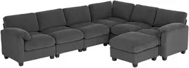 Aosom Modulinė sofa U formos sofa su spyruokline pagalve ir pufu 292x224x85 cm tamsiai pilka korduro audinys