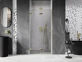 Mexen Lunar-F dušo durys, sulenkiamos kairės 85 cm, skaidrios, auksinės - 836-085-000-50-00-L