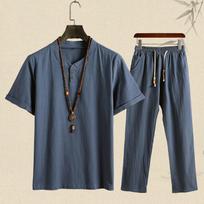Vasaros mados vyriški marškiniai, kelnės, medvilniniai lininiai marškiniai, trumpomis rankovėmis, vyriškos laisvalaikio kelnės, vyriška apranga XXXXXL mėlyna