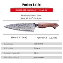 3,5 colio peilis vaisiams 67 sluoksnių Damasko plieno VG-10 plieno ašmenys Barbekiu skutimo vaisiams virtuviniai peiliai Raudonmedžio rankena Gaminimo įrankiai 3.5 inch