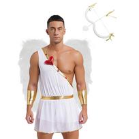 Vyriškas Kupidono kostiumas Valentino dienos tema Širdelės kombinezonas Vienos peties Bodysuit Plunksnų sparnai Lankas ir strėlė Cosplay rinkinys XL balta