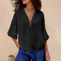 Women's Color Loose Casual Cotton Linen V-neck Fashionable Mid Sleeved Shirt Top L juoda