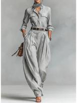 Women's Retro-Style Two-Piece: Long-Sleeve Cardigan Shirt & Wide-Leg Pants, Loose & Fashionable S pilka spalva