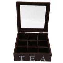 ABBY-Wooden 9 Grids Tea Box Tea Bags Container Storage Box Square Gift Box Case Transparent Top Lid Jewelry Storage Box