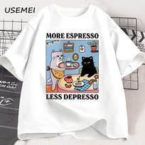 Daugiau Espresso Mažiau Depreso Juodo Katino Marškinėliai Vyrams Moterims Juokingi Kavos Katino Marškinėliai Laisvalaikio Vasariniai Medvilniniai Trumpomis Rankovėmis T-shirt Viršutiniai Drabužiai S įvairiaspalvis