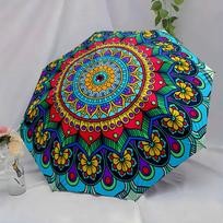 This Automatic Folding Umbrella Showcases a Colorful Mandala Pattern. It Has a Compact, Collapsible Design, Making It a Great