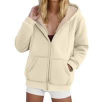 Women Zip Up Sherpa Lined Hoodie Casual Long Sleeve Fleece Jacket with Pockets Warm Winter Outerwear Coat L smėlis