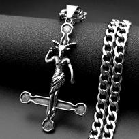 Baphomet Goat Satanic Satan Demon Devil Inverted Cross Pendant Necklace for Women Men Stainless Steel Silver Color Retro Jewelry