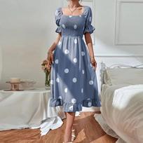 Women's Big Polka Dot Slim Fit Sweet Ruffle Short Sleeve Dress Midi Dress Polka Dot Dress L mėlyna