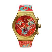 Swatch Zodiako serijos kvarcinis laikrodis 30M atsparumo vandeniui 49mm raudonas ciferblatas nerūdijančio plieno korpusas silikoninis dirželis Unisex laikrodžiai YVZ100 Black