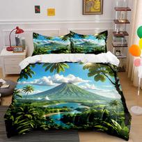 Lush Landscape, Volcano, River. Print Bedding Set 1 Duvet Cover 2 Pillowcases For Adult And Children Luxury Gift Full Size EU Twin 135X200cm&set