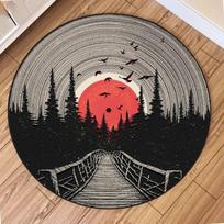 Hot Sale Artistic Red Sun Forest Bridge Round Rug Non Slip Wear Resistant Soft Washable Living Room Bedroom Decor Rug 80cm x 80cm