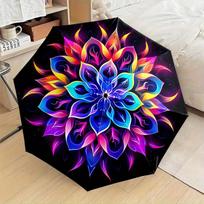 Folding Umbrella The umbrella features a vibrant mandala pattern with swirling petals in colors like blue, pink, yellow, and o