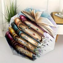 Book Stack Floral Automatic Umbrella with Book Spine Pattern & Flower Decorations - 8-Rib Compact Travel Umbrella, Auto Open/C
