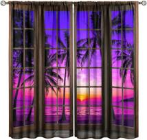 Purple Sunset Window View Curta Tropical Palm Tree Scenery Print For Living Room Bedroom Decor 53x116cm 2pc21x46in
