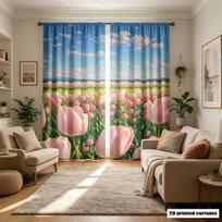 2Pcs Pink Tulip And Sky Printed Curta Floral Window Treatments For Bedroom Applicable Print Curta Home Decor 30x65in(75x166CM)x2&Rod Pocket&2 panels