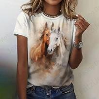 Retro vasarinis marškinėlis, 3D žirgo spaudinio marškinėlis, madingas marškinėlis, apvalios apykaklės trumpomis rankovėmis T-shirt, moteriškas marškinėlis, gyvūno marškinėlis S