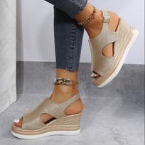 Fashion 2025 New Cut Out Glitter Color Golden Silver Women Casual Wedges Sandals One Line Buckle Peep Toe Women Summer Beach Sandals 36 auksas