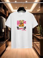 2025 Summer Men's Luxurious and fashionable cartoon Bear brand printed T-shirt, pure cotton round neck, casual and trendy Y2K S black