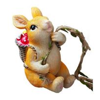 Hanging Swing Statue Resin Craft Rabbit Ornament with Imitation Rattan Rope Tree Stump Base Small Portable Home Garden B