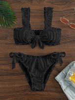 Raffluotas Bikini Rinkinys Moterims Seksualus Maudymosi Kostiumas Dviejų Dalių Suvarstomas Atgal Atviras Moteriškas Maudymosi Kostiumas Maudymosi Tuščiaviduris Madingas Paplūdimio Apranga L juoda