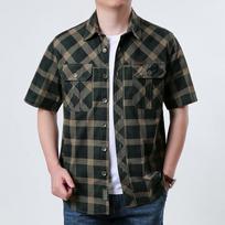 Men's Summer Checkered Short Sleeved Shirt Workwear Multiple Bag Casual Loose Shirt 5XL armijos žalia spalva