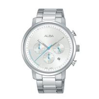 SEIKO ALBA AT3D57X1 Chronograph Prestige Quartz Business Analog Watch with Date Blue Stainless Steel Bracelet Men's Calendar, Silver/Blue/Light