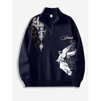 Y2K Fashion Street Style Men's Stand Up Collar Sweatshirt, Thorn Design Angel Print Half Zipper Stand Up Collar Sweatshirt S