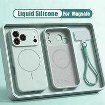 Liquid Silicone Lanyard Magnetic Phone Case For iPhone 17 16 15 14 13 Pro Max For Magsafe Wireless Charge Shockproof Soft Cover iPhone 14 šviesiai žydros spalvos