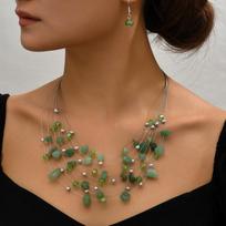 European and American Exaggerated Bohemian Gravel Mixed and Matched Multi-layer Temperament Necklace, Earrings (set) žalia