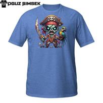 Halloween Pirate Zombie T-Shirt Mens Womens Tees Top – Chibi Skeleton Pirate with Sword and Bird 3XL