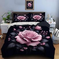 Pink rose with buds black Print Soft Comfortable Duvet Cover Bedding Set Included 1*Duvet Cover  2*Pillowcases Luxury gifts EU Twin 135X200cm&set