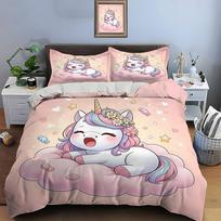 Cute unicorn with candy cloud Pattern Duvet Cover Set Digital Print Polyester Bedding with Zipper Closur for kids gifts EU Twin 135X200cm&set