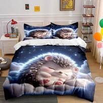 3Pcs Hedgehog Sleeping On Clouds Under Stars Print Bedding Set 1 Duvet Cover 2 Pillowcases For Adult And Children Luxury Gift EU Twin 135X200cm&set