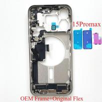 iPhone 15 Pro Max pilnas korpusas, vidurinis rėmelis su garsumo ir maitinimo lanksčiuoju kabeliu, šoninių mygtukų važiuoklės remonto dalys SIM balta