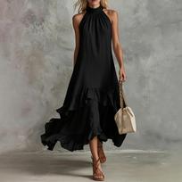 Women Neck Maxi Dress Sleeveless Boho Swing Tiered Ruffle Hem Loose Fit Summer Flowy Long Dress L juoda