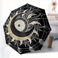Golden Celestial Wheel Mandala Umbrella - Automatic Open/Close, Compact Folding Umbrella with Elegant Black & Golden Celestial