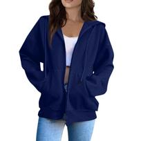 Women's Oversized Zip Up Hoodie Jacket with Pockets, Casual Long Sleeve Drawstring Hooded Sweatshirt for Fall Winter L mėlyna