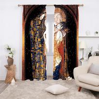 2-Piece Set, Gold Blue Embrace Replica Klimt Kiss Curtain, Pole Bag Design, Suitable For Bedroom Curta And Living Room 30x65in(75x166CM)x2&Rod Pocket&2 panels
