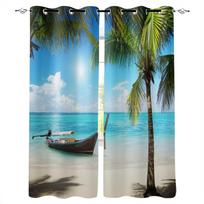 Beach Scenery Palm Trees Reef 3D Printing Curtains Living Room Bedroom Curtain Necessary Home Decoration Kids Window Drapes W50H130(CM)x2&Hook